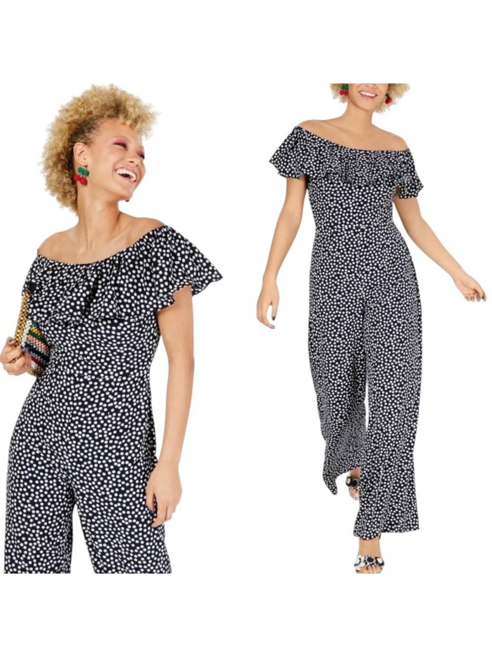 BETSEY JOHNSON Jumpsuit 18W Navy Blue &White Polka Dot Off The Shoulder Ruffle